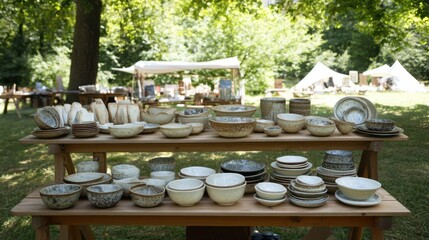 Fototapeta premium Rustic Ceramic Dish Display at Outdoor Market in Lush Green Setting