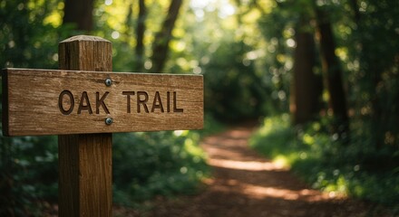 Exploring Oak Trail Awaits with Wooden Sign in Lush Forest