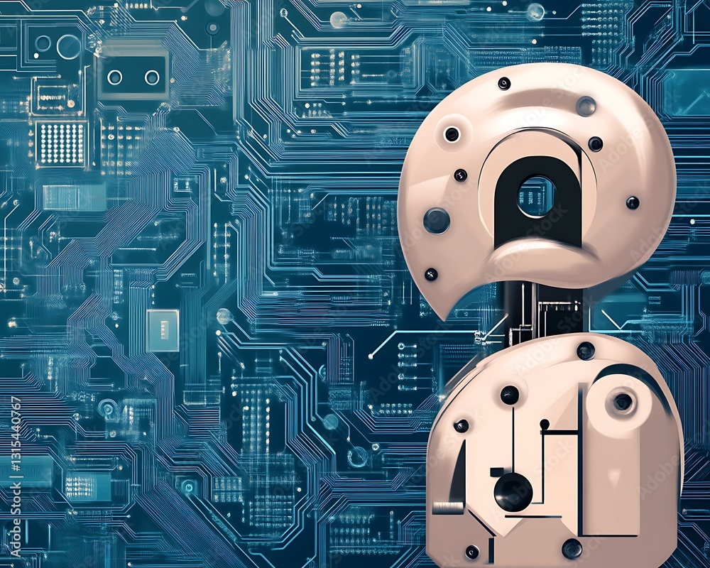 Poster an abstract design of a robot on a circuit board background