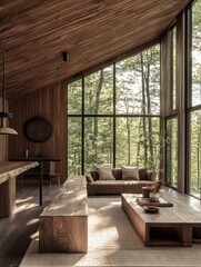 A wood paneled interior cabin with big windows