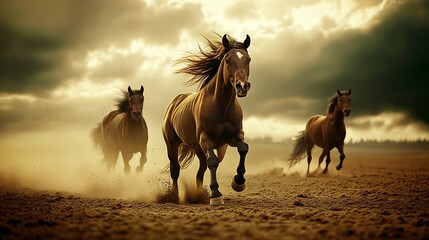 Three brown horses running in a dusty field under a dramatic sky.