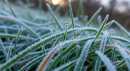 Frosted Grass Close-up with Water Droplets Reflecting Sunlight at Dawn