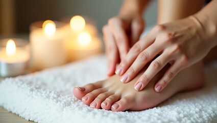 Naklejka premium Close-up of a relaxing foot massage with gentle hands applying pressure to the arch. Soft candlelight and a plush surface create a serene, spa-like ambiance.