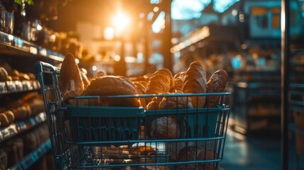 Warm Bakery Scene with Fresh Breads in Shopping Cart at Sunset