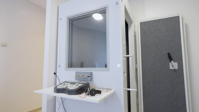Cabina Audiom&eacute;trica. Consultorio de Fonoaudiolog&iacute;a, logopedia, Fonolog&iacute;a. Escucha, Hospital. Cl&iacute;nica. Salud. Medicina. Centro Medico. 