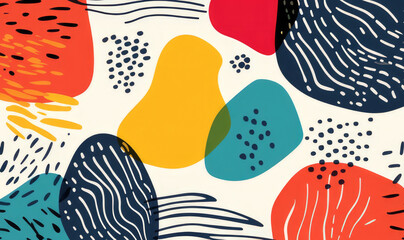 Fototapeta premium This vibrant image showcases a variety of abstract shapes and lines in a color palette of reds, yellows, greens, and blacks, creating an eye-catching design.