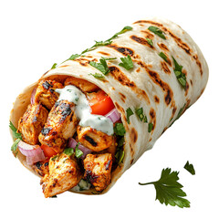 A Savory Chicken Tikka Wrap with Naan and Yogurt Sauce Isolated on Transparent Background