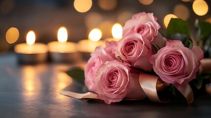 Fototapeta premium Pink roses bouquet with candles.