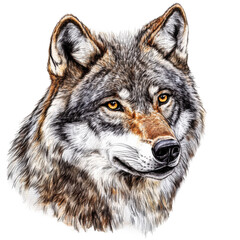 Fototapeta premium artistic illustration of a noble wolf, intricate fur details, digital watercolor effect, gentle color transitions, transparent background, PNG