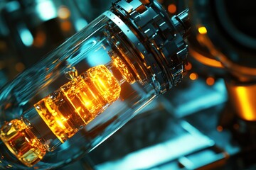 Glowing Amber Liquid in Glass Vessel with Metal Fixture