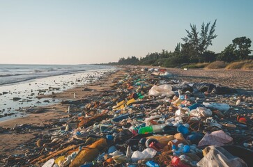 A beach filled with a lot of garbage and plastics, waste materials, polluted beach
