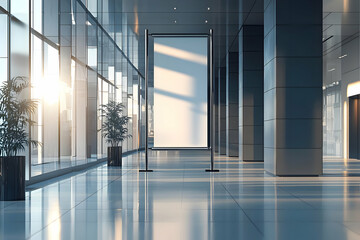 A sleek roll-up banner mockup in a modern building hallway, perfect for corporate and promotional visuals.
