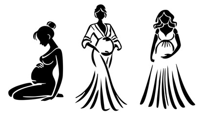 Set of beautiful pregnant women silhouette illustration. Elegant woman touching her pregnant belly