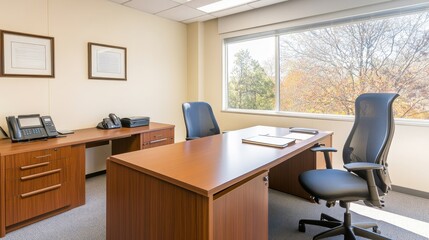 Fototapeta premium Modern office interior showcasing a spacious desk, ergonomic chair, and bright window view