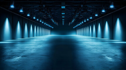 Vast Empty Hall Illuminated With Blue Spotlights In A Dark Industrial Setting With Concrete Floor And Modern Architecture Perfect For Events And