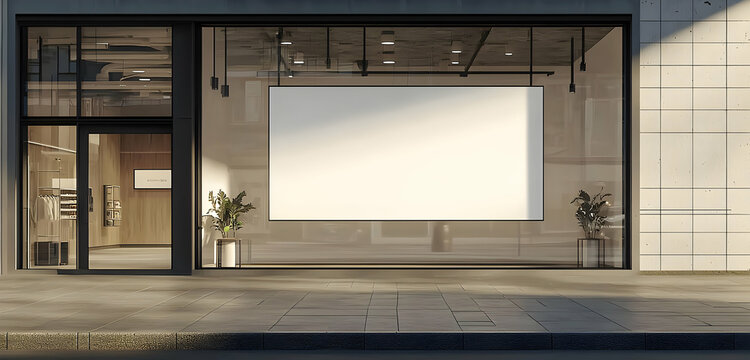 A white horizontal signage mockup on a storefront, ideal for retail and commercial brand designs.