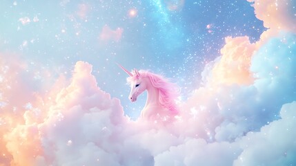 Obraz premium Pink unicorn in pastel clouds and starry sky.