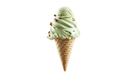 Pistachio ice cream cone melting on transparent background