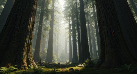 Fototapeta premium Exploring Tall Redwood Trees in a Mystical Forest with Sunlight