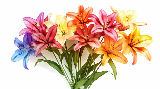 Lily bouquet spectrum: a bouquet of lilies held against a white background, arranged in roygbiv order. the stems create a harmonious gradient. Harmonious - Garden. Illustration