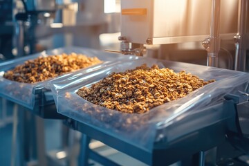 Granola Production: Close-up of Cereal Packaging Process