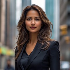 stylish and confident businesswoman with blurred background. In the city.