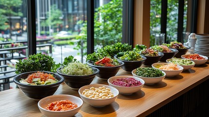 A vibrant salad bar featuring a variety of fresh vegetables and toppings in bowls.
