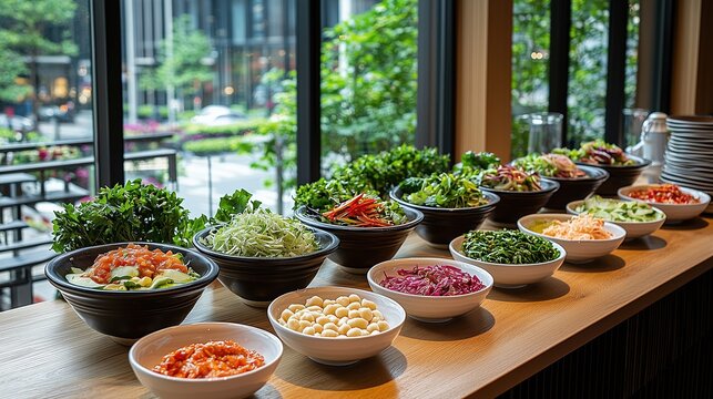 A vibrant salad bar featuring a variety of fresh vegetables and toppings in bowls.