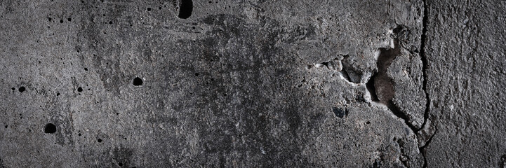 Texture of old cracked concrete wall. Rough gray concrete surface. Wide panoramic background for design.