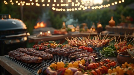 A delicious spread of grilled meats and vegetables at a festive outdoor gathering.