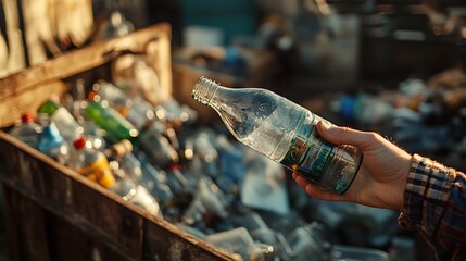 Hand placing glass bottle into recycling bin filled with various bottles and waste.