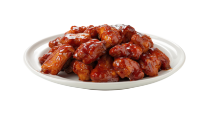 Delicious glazed chicken wings piled on white plate with transparent background