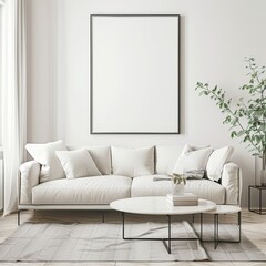 Minimalist living room with white sofa. coffee table. and a large framed artwork above