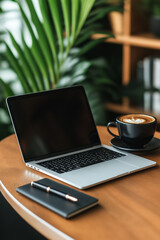 Laptop und Kaffeetasse stehen auf einem Tisch im modernen B&uuml;roambiente

