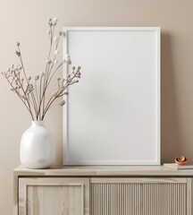 A white frame mockup on a wooden cabinet with a vase of dried flowers and a book
