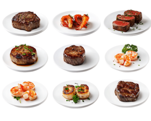 Nine White Plates With Various Cooked Beef Steaks Shrimp And Scallops On Transparent Background, PNG