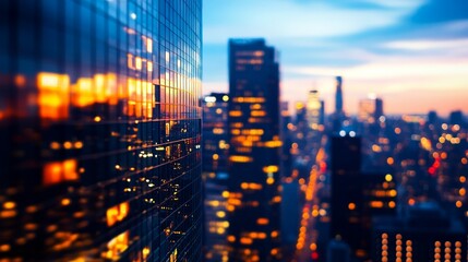 Blurred city skyline at dusk with illuminated buildings reflecting vibrant color