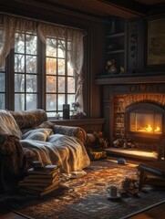 A cozy living room with a fireplace and window light