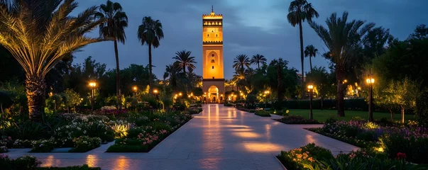 Nighttime in Rabat, Morocco, with the Hassan Tower glowing and the surrounding gardens bathed in soft light © seksun