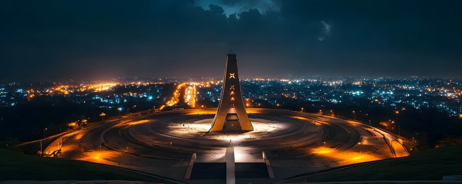 Night shot of Accra, Ghana, with the Black Star Square monument illuminated and the city lights stretching into the distance