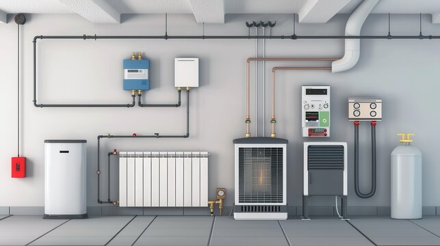 Heating system setup in a basement with gas boiler, radiator, and modern control equipment for efficient home comfort