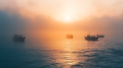 Obraz premium Misty sunrise over calm ocean with several small boats silhouetted against the warm light.