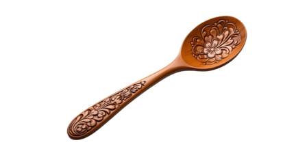 Hand Carved Wooden Spoon Floral Design, Rustic Kitchen Tool for Cooking and Serving, isolated on transparent background.
