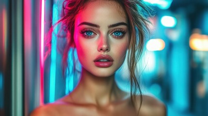 A beautiful model poses against a backdrop of vibrant neon lights, showcasing striking blue eyes and soft, tousled hair. The urban atmosphere adds an artistic flair