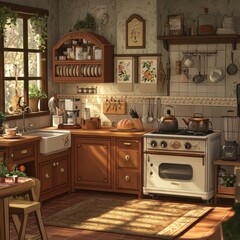 A Cozy Kitchen Showing Various Elements And Cooking Utensils