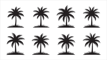 Eight Silhouettes of Tropical Palm Trees on White Background
