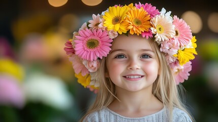 A cheerful young girl with long hair wears a beautiful flower crown made of daisies and roses. She stands in a bright floral shop filled with colorful blooms