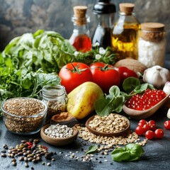 Fresh ingredients spread on a wooden table with various vegetables, fruits, and pantry staples for healthy cooking
