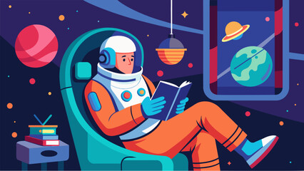 An older astronaut reclining in a futuristic living quarters reading classic literature as they travel through the cosmos.. Vector illustration