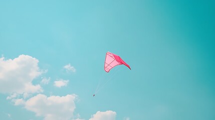 Pink kite flying high in a vibrant blue sky with fluffy white clouds.